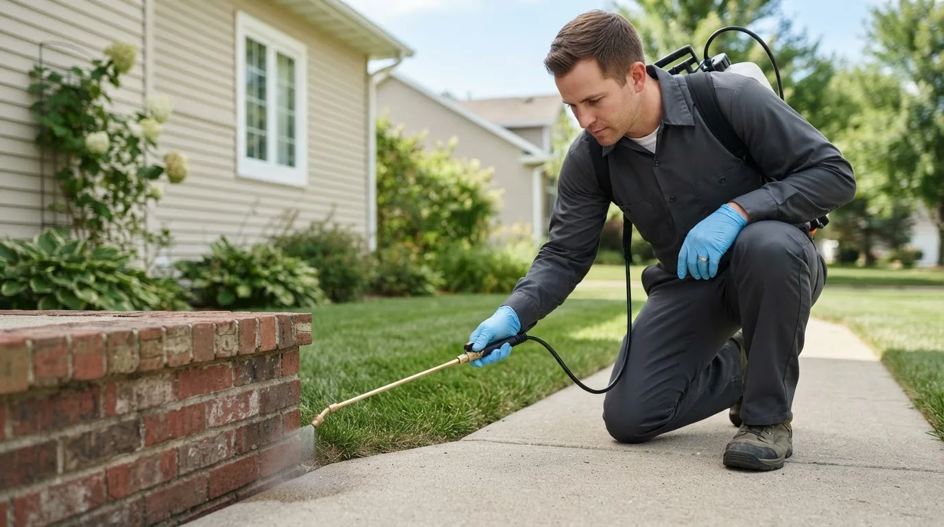 Pest control technician treating a home near Center Harbor, NH